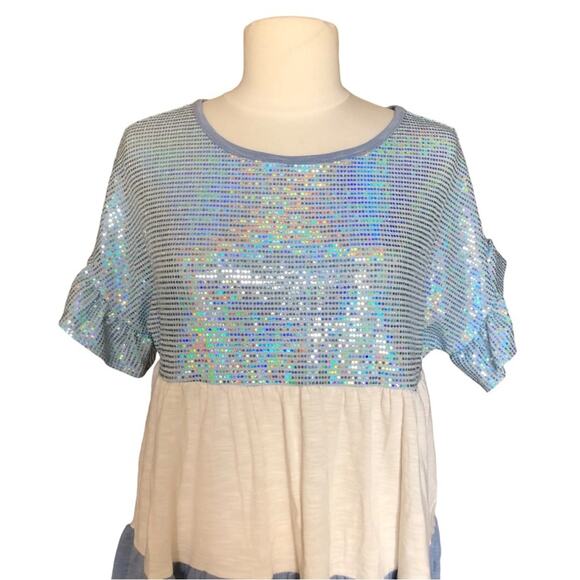 Unbranded NWOT Ruffle Sleeve Babydoll Light Blue Sequin Ivory Denim Blue Top SM - Picture 3 of 11